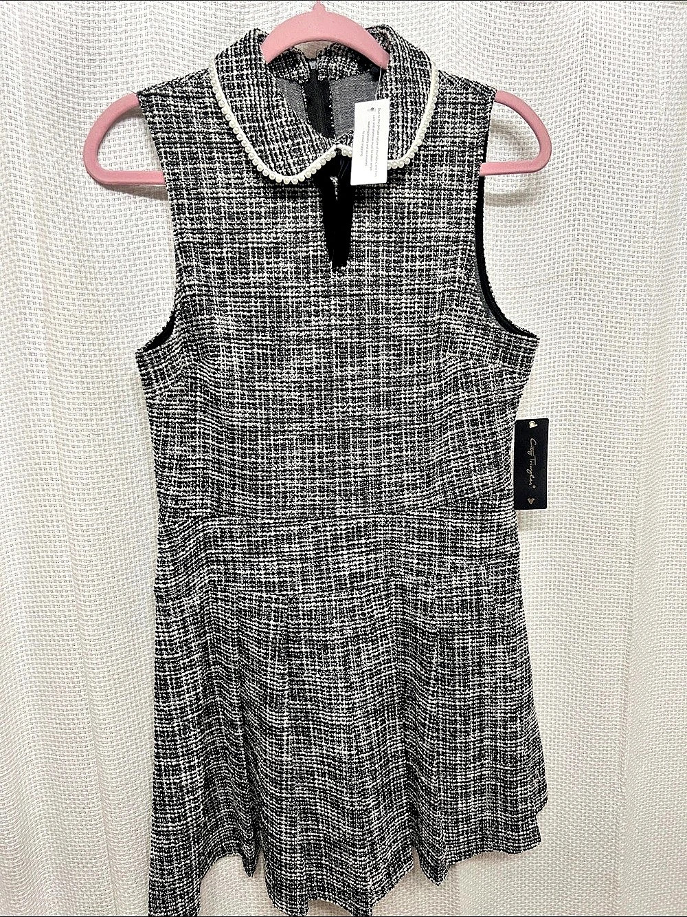 Simplicity by Cristina sleeveless pearl-trim dress Checkered Mini Dress Black &